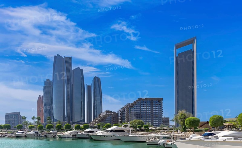 UAE, United Arab Emirates, Abu Dhabi waterfront downtown marina and coastal panorama and skyline