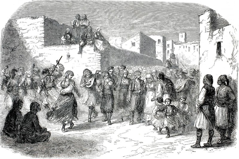 Historical illustration of a wedding reception in Eleusis, Greece, from 1855 depicting people dancing and playing music in traditional dress, authentic, high-resolution reproduction from a 19th-century model, exact date of depiction unknown, historical