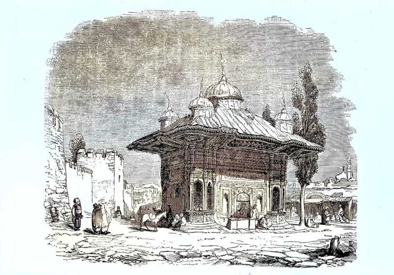 Illustration from 1849 shows the Fountain Gate of Eski, Old Serai, in Constantinople, Istanbul, Turkey, illustration, reproduction from a 19th-century model. Authentic, file restored for optimal use, exact date of original unknown, historical, colored