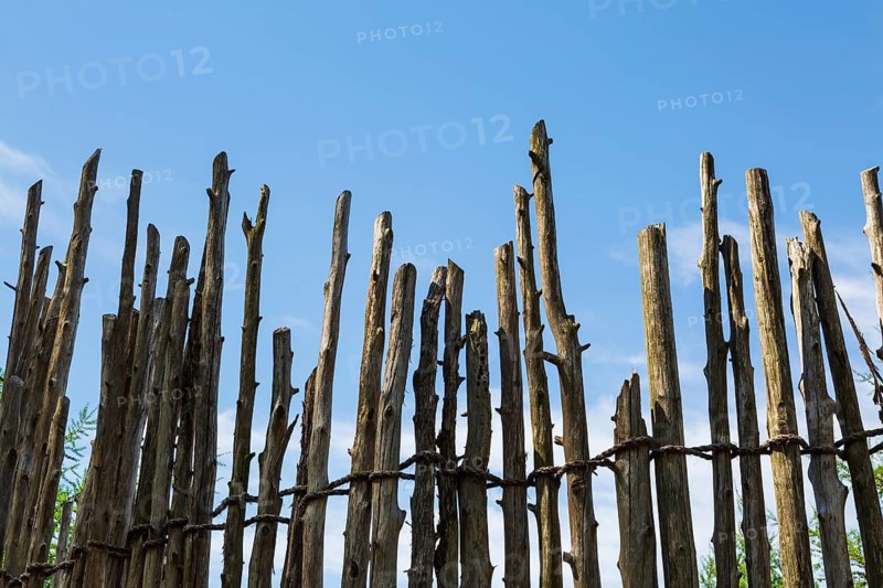 Wooden stockade fence made of tall cut tree trunks of various lengths and size attached and tied firmly together with rope, Quebec, Canada