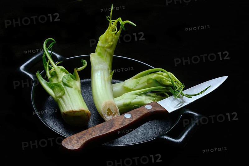Puntarelle in bowl with knife, asparagus chicory from Italy