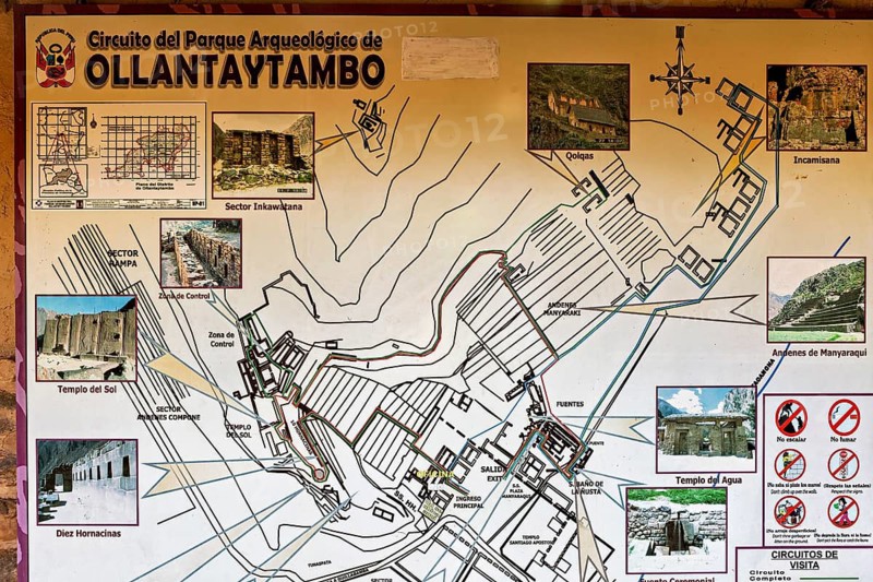 Schematic map of the archaeological site of Ollantaytambo with important sights and information, The map of Ollantaytambo in the Andes of Peru