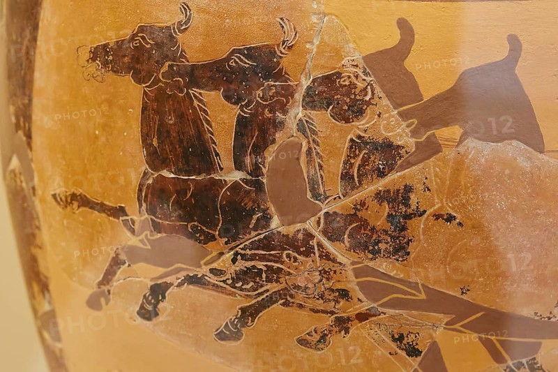 Ceramic vase depicting an ancient horse-drawn vehicle, brownish, Museum of the History of the Ancient Olympic Games, Olympia, Peloponnese, Greece
