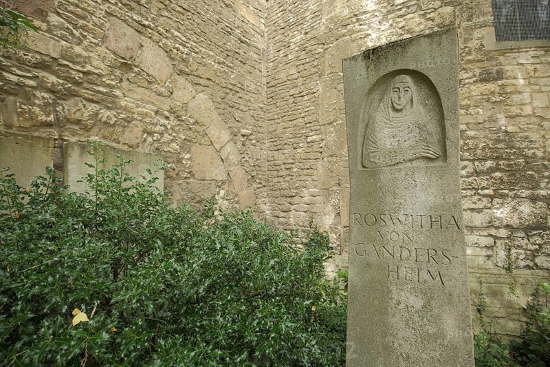 Memorial stone to medieval poet and abbess Roswitha of Gandersheim, Hrotsvit, relief, inscription, Bad Gandersheim, Lower Saxony, Germany