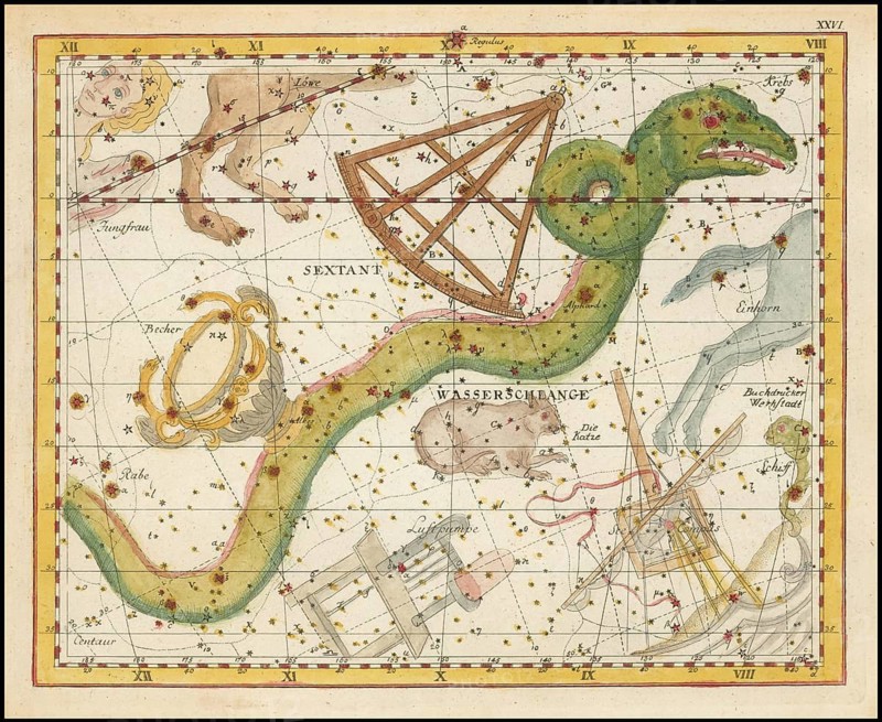Zodiac sign, sextant, water snake, Hydra continua, Corvus, Centaurus et Lupus, star chart, universe, astrology, horoscope, after Johann Elert Bode (19 January 1747 to 23 November 1826), Prussian astronomer