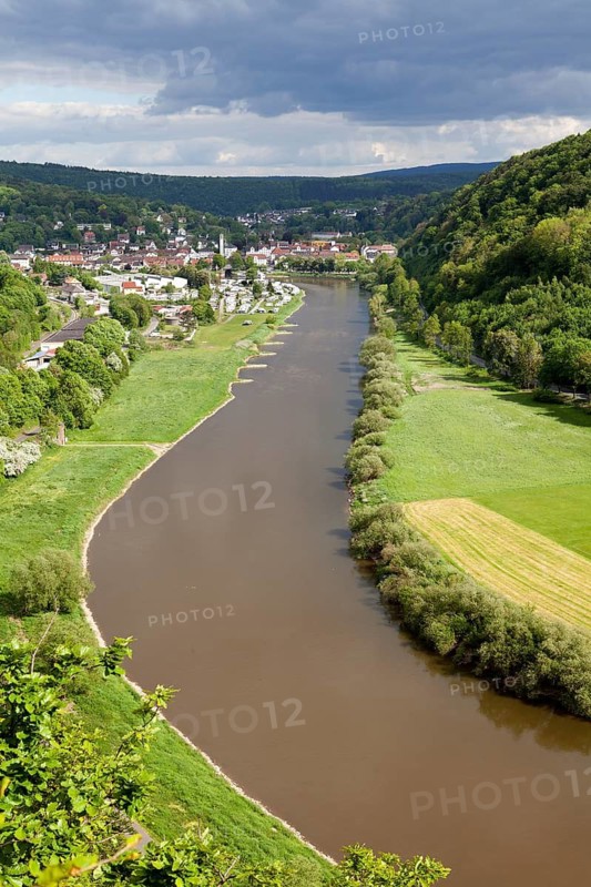 View from the Skywalk on River Weser, Beverungen, Weser Uplands, North Rhine-Westphalia, Germany