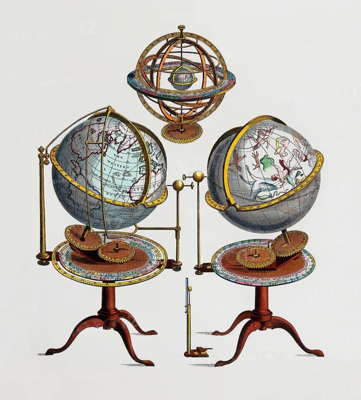 Types of globe: Armillary sphere, terrestial globe, celestrial globe, 19th century