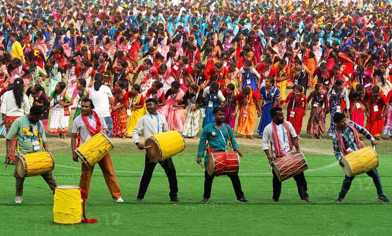 Several thousands of dancers perform traditional Jhumur dance, as they rehearse for the upcoming 'Jhumoir Binandini' event at the Sarusajai Stadium in Guwahati, India on February 22, 2025. Jhumur is a traditional folk dance of Assam, mainly performed by the Adivasi (Tea Tribe) community working in the tea gardens of the state
