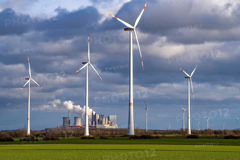 RWE Power lignite-fired power plant Neurath, RWE wind farm near Grevenbroich, power plant units, chimneys, cooling towers, North Rhine-Westphalia, Germany