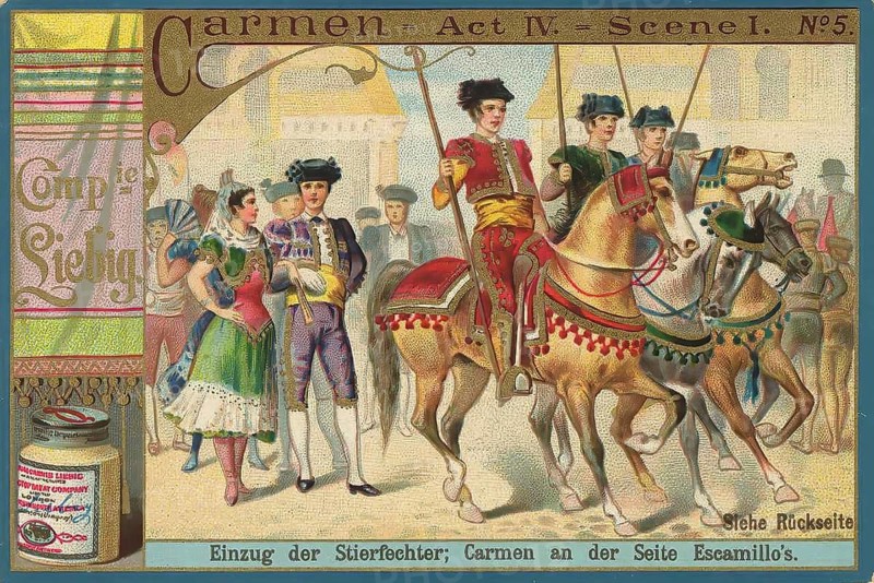 Picture series Opera Carmen, Entry of the bullfighters, Carmen at Escamillo's side, Liebig picture, digitally restored reproduction of a collector's picture from ca 1900, public domain, exact date unknown, A colourful parade of bullfighters with Carmen at Escamillo's side