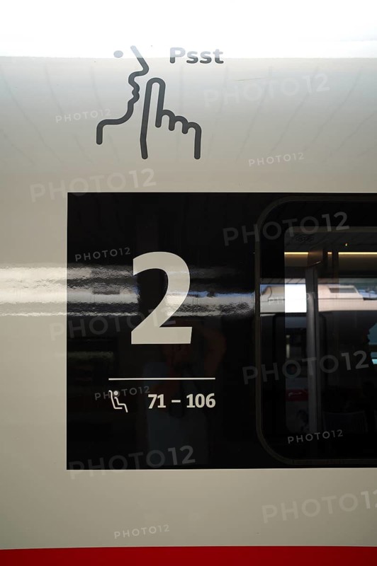 Pictogram, sign, psst, logo for special car with rest area, ICE on the platform, main train station, Munich, Bavaria, Germany