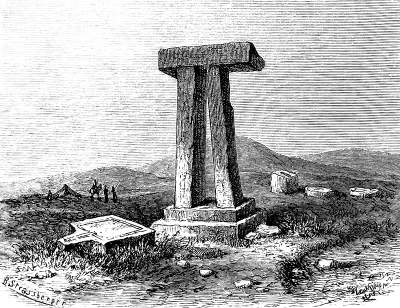 Tumulus or dolmen, called Senám near Tripoli, two right-angled, vertical pillars on steps with capstone, ruins, mountain landscape, river, Arabs, camel, Africa, Libya, history of mankind, historical illustration 1880