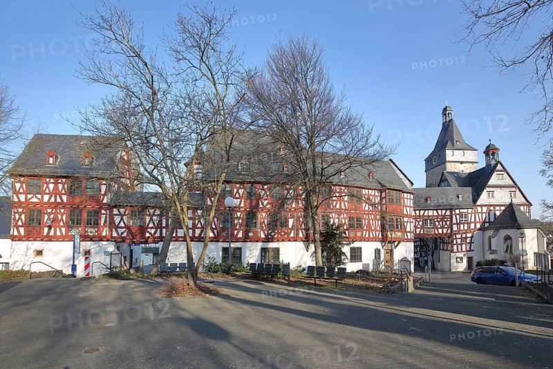Historic district with Hohenfeld chapel and Obertorturm, half-timbered house, landmark, Bad Camberg, Taunus, Hesse, Germany