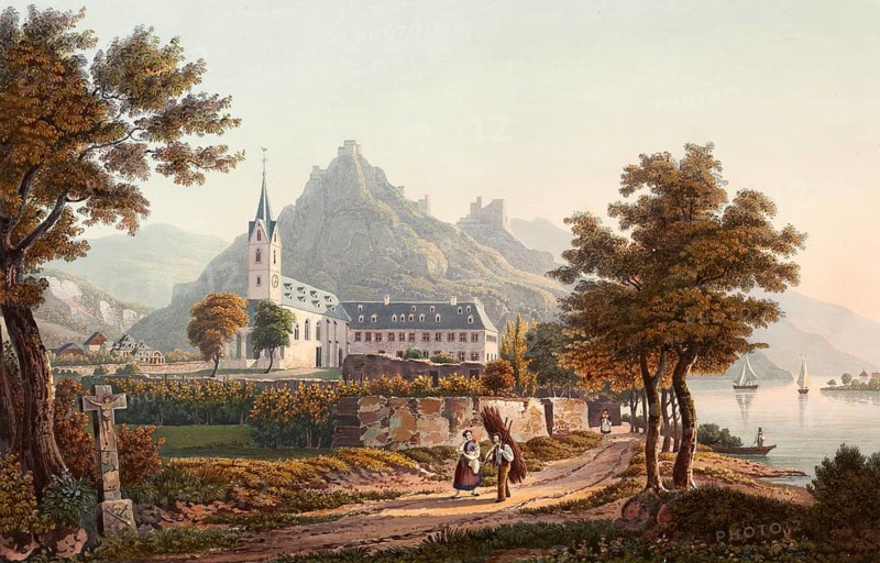 View from Bornhofen of the two hostile brothers, the castles Sterrenberg and Liebenstein, situated directly next to each other, Rhineland-Palatinate, Germany, view around 1830, digitally restored reproduction of a 19th century model by Johann Ludwig Bleuler (12 February 1792 - 28 March 1850), Swiss draughtsman and painter