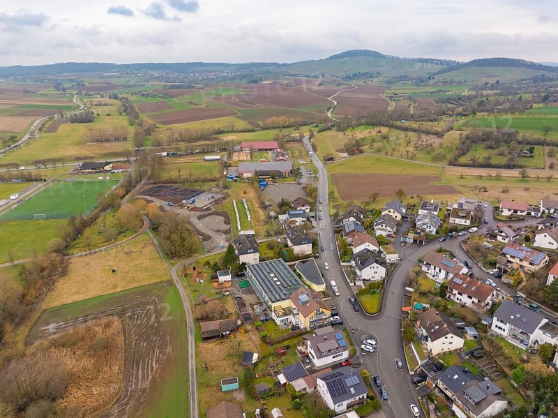 Small community surrounded by fields and hills with winding roads, Großbottwar, Ludwigsburg district, Baden-Württemberg, Germany