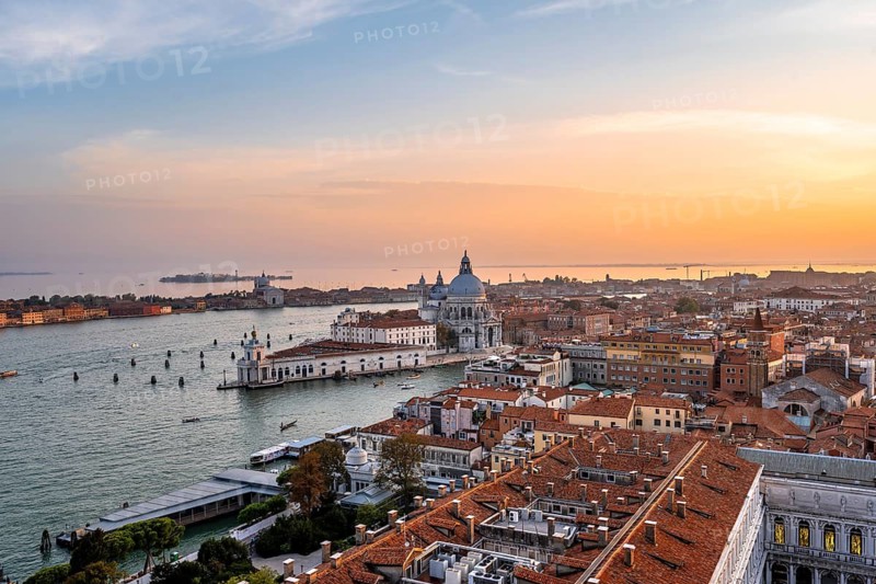Basilica di Santa Maria della Salute on the Grand Canal at sunset, view from the Campanile di San Marco bell tower, city view of Venice, Veneto, Italy