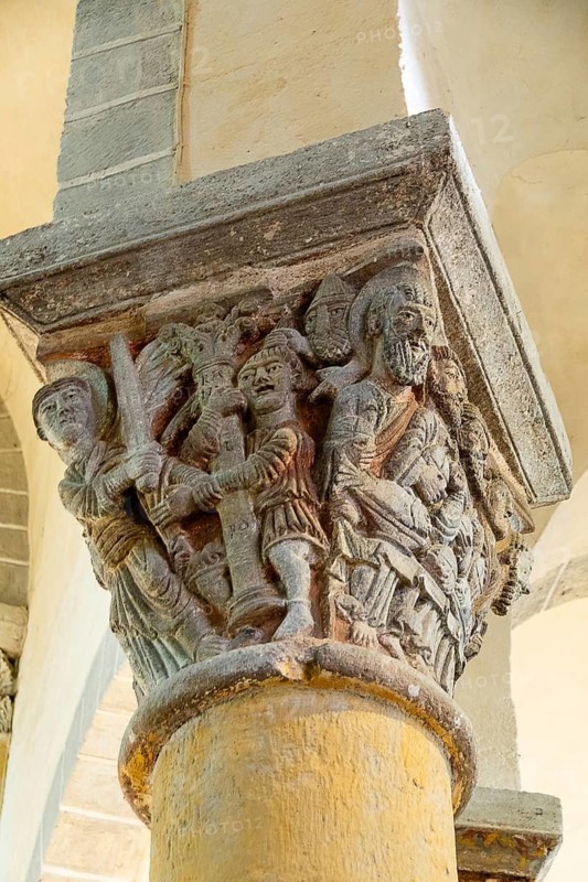 Capital of romanesque church of Saint Nectaire, Ranuflo donor, Puy de Dome, Auvergne Rhone Alpes, France
