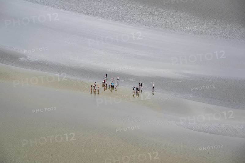Guided groups of people hiking in a mudflats at low tide in Mont Saint Michel Bay, Pontorson, Manche department, Normandy, France