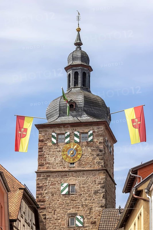 Town tower of Buchen in the Odenwald, gate tower, flags with town coat of arms. Buchen, Baden-Württemberg, Germany
