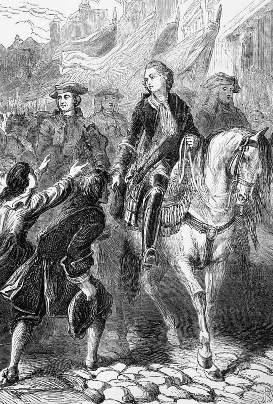 James Francis Edward, Prince of Wales, the Chevalier De St George or the Old Pretender or the Old Chevalier, the son of the deposed James II of England (James VII of Scotland) on his entry into Dundee in 1715, England, digital reproduction of a historical model