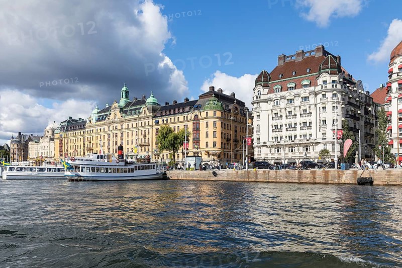 Representative buildings on Nybroviken in the city center seen from the water, Stockholm, Sweden