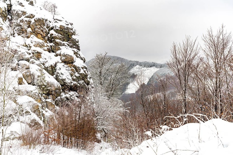 Snow-covered winter landscape Bruchhauser Steine in the Sauerland, Bruchhausen, Olsberg, Hochsauerlandkreis, North Rhine-Westphalia