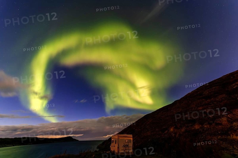 Northern Lights, (Aurora borealis) at a fjord in the Barents Sea near Bugoynes, September 2024, Lapland, Finnmark, Norway