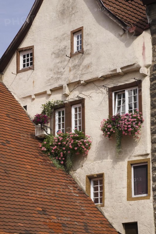 Old white apartment building with traditional terracotta ceramic tiled rooftops and windows decorated with Pelargonium, Geranium flowers in late summer, Bad Wimpfen, Germany