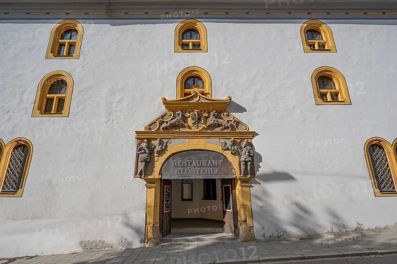 Entrance portal of today's Klösterle restaurant and town hall, former Franciscan monastery 1287, Beim Klösterle 1, Nördlingen, Bavaria, Germany