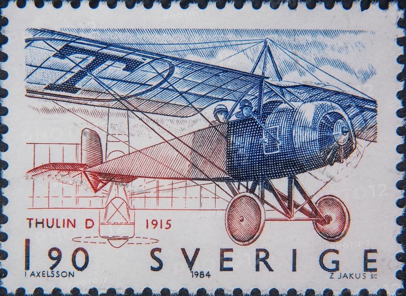 The Thulin airplane, built in 1915 in Landskrona, Sweden, Picture on a Swedish postage stamp