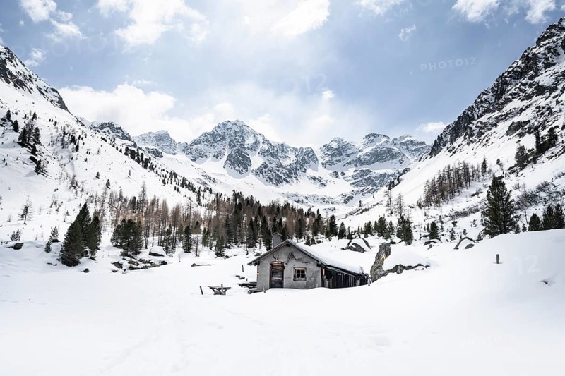 Mountain valley with alpine hut and forest with snow, Picturesque mountain landscape with mountain peaks Piz d'Alp Val and Piz Bial, Grisons Haute Route, Albula Alps, Rhaetian Alps, Grisons, Eastern Switzerland, Switzerland