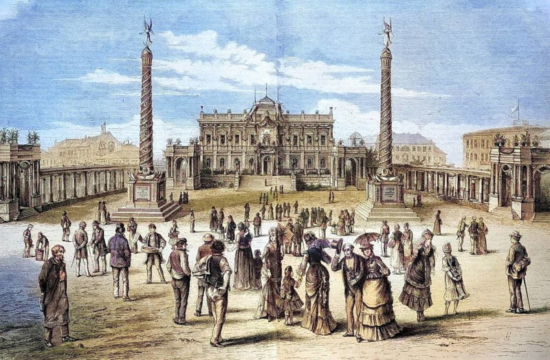 The decoration of the Augustinerplatz during the Kaisertage in Leipzig, Saxony, Germany, coloured wood engraving, reproduction from a model from ca 1888, Historical, A lively square with monumental architecture and people in historical clothing