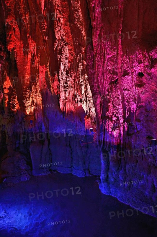 Stalactites illuminated by coloured LED light, stalactite cave, Höllgrotten, Baar, Canton Zug, Switzerland