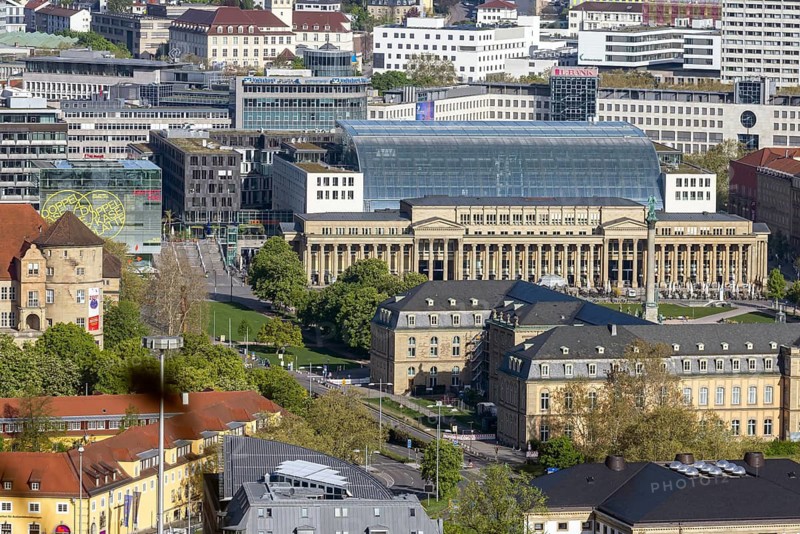 View of Stuttgart city centre. Charlottenplatz, Schlossplatz, New Palace, Königsbau. Stuttgart, Baden-Württemberg, Germany