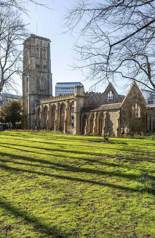 Ruins of Temple Church, Church of the Holy Cross, bombed in 1940, Redcliffe, Bristol, England, UK