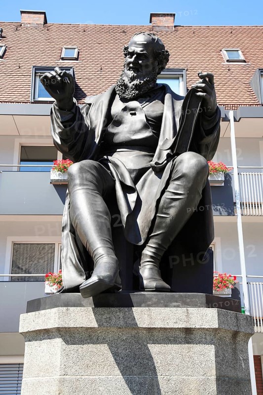 Hans Sachs Monument on Nuremberg's Hans Sachs Square, Nuremberg, Middle Franconia, Bavaria, Germany