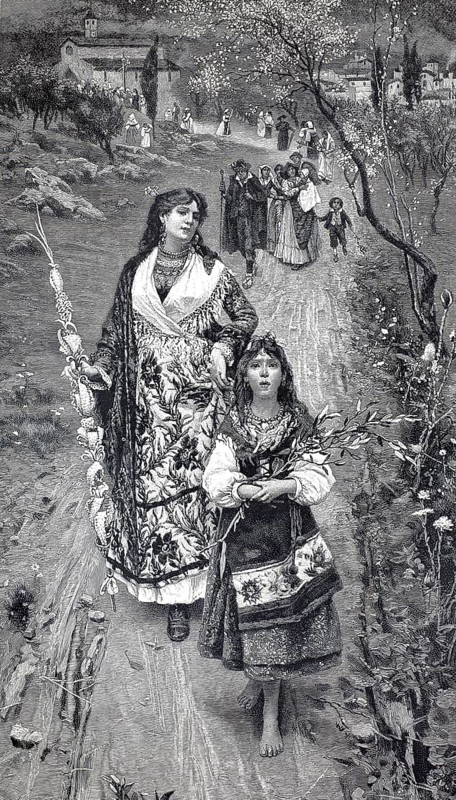 Palm Sunday in Abruzzo, people come out of church in solemn dress, 1895, Italy, illustration, reproduction from a model from the 19th century. Authentic, file restored for optimal use, exact date of submission unknown, historical