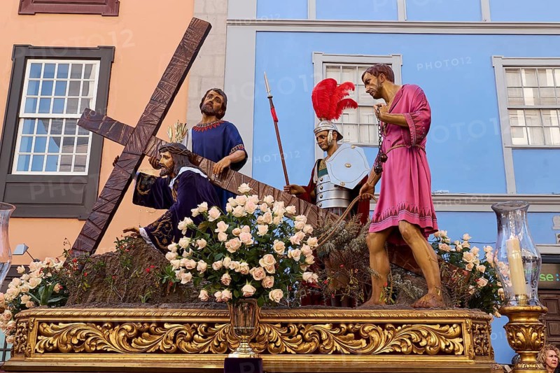 Religious scene with Jesus figure and Roman soldier on a flower-decorated altar, Good Friday procession, Easter, UNESCO World Heritage Site, old town of San Cristobal de La Laguna, La Laguna, Tenerife, Canary Islands, Spain