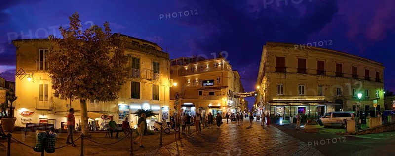 Panorama of Villa ghirlanda with the historic centre of Tropea at sunset in the blue hour, Tropea, Vibo Valentia, Calabria, Southern Italy, Italy