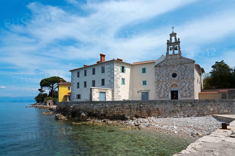 Coastal view with a building and a church by the clear blue sea, St Mary's Monastery, Glavotok, island of Krk, Primorje-Gorski kotar, Croatia