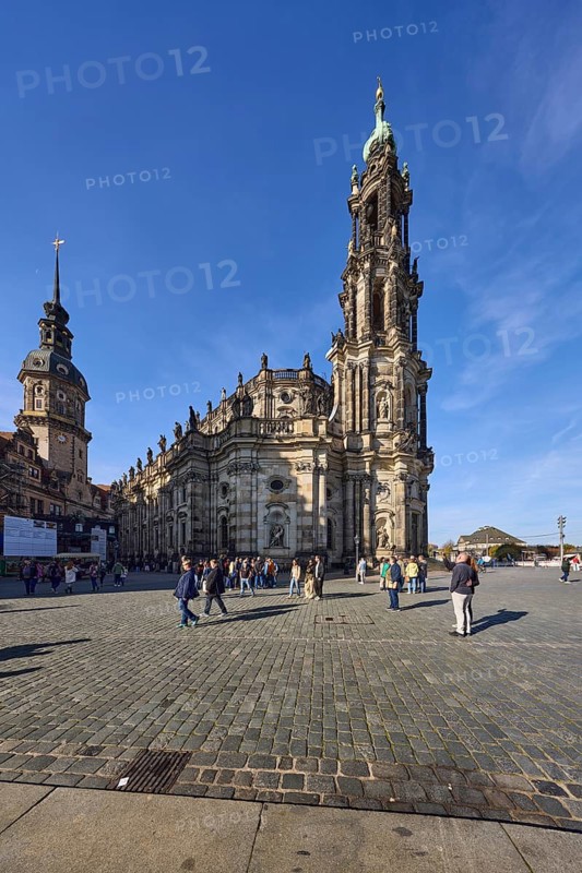 Cathedral Sanctissimae Trinitatis, Dresden Court Church, European Baroque architectural style, pedestrians as accessories, Schlossplatz, Dresden, state capital, independent city, Saxony, Germany