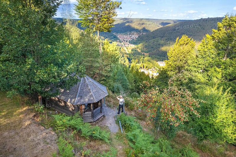 Forest hut on a hill with views of the valley below, Bad Wildbad, Black Forest, Germany