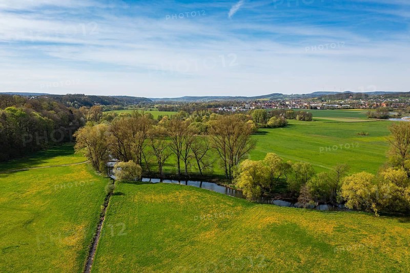 Wet meadows at the confluence or source of the Main, Main valley, Melkendorf near Kulmbach, aerial view, Upper Franconia, Franconia, Bavaria, Germany