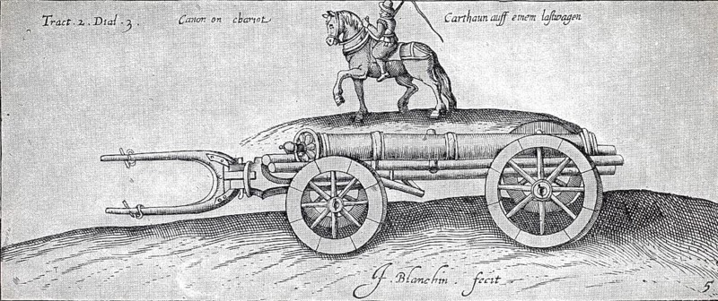 Gun, karthaune, which was loaded onto a four-wheeled chassis for transport. A soldier rides a horse above the gun, which illustrates the dimensions of the weapon, illustration, reproduction from a 19th-century model. Authentic, file restored for optimal use, exact date of original unknown, Historical, A horse pulls an old cannon on a wagon, shown in a historical sketch