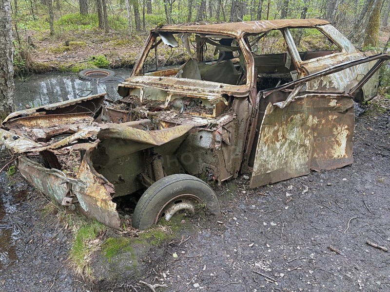 Heavily rusted car in the forest, disintegrated and overgrown by nature, Ryd, Kyrkö Mosse car cemetery, Tingsryd, Sweden