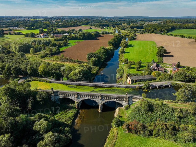 Olfen, North Rhine-Westphalia, Germany - Lippe, in front historic canal bridge Lippe Alte Fahrt, former Dortmund-Ems Canal (DEK), behind left KLA Dattelner Mühlenbach