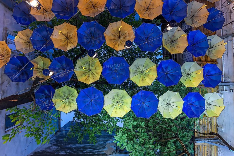 Umbrellas as decoration in a courtyard of a restaurant, Czernowicz, Ukraine