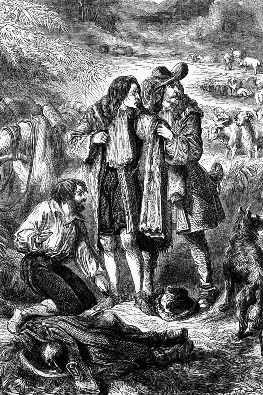Lord Monmouth exchanges clothes with a shepherd after his defeat at the Battle of Sedgemoor near Bridgwater in Somerset on 6 July 1685, England, digital reproduction of a historical model