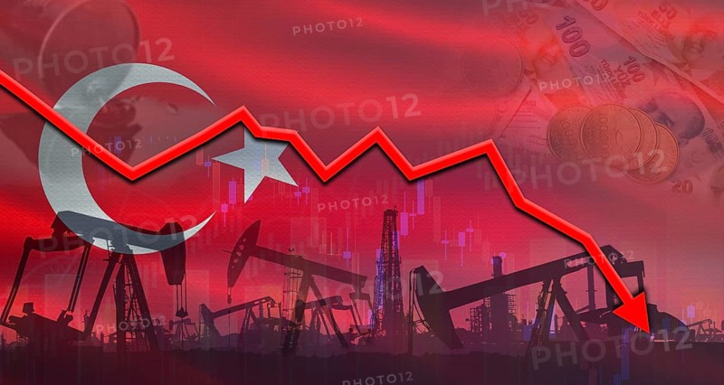 Petroleum crisis with Turkey flag on financial graph. Fall oil price with Turkey flag on economic chart