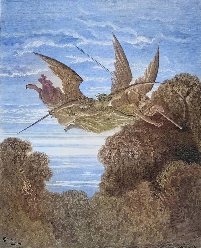 Illustration by Gustave Dore (1832-1883) for Paradise Lost, published in 1667, is an epic poem in blank verse by the English poet John Milton, guardian angel Angels Zephon and Ithuriel, Inferno, Hell, Paradise, Angels, Damnation, Historical, digitally restored reproduction from a 19th century original, Record date not stated